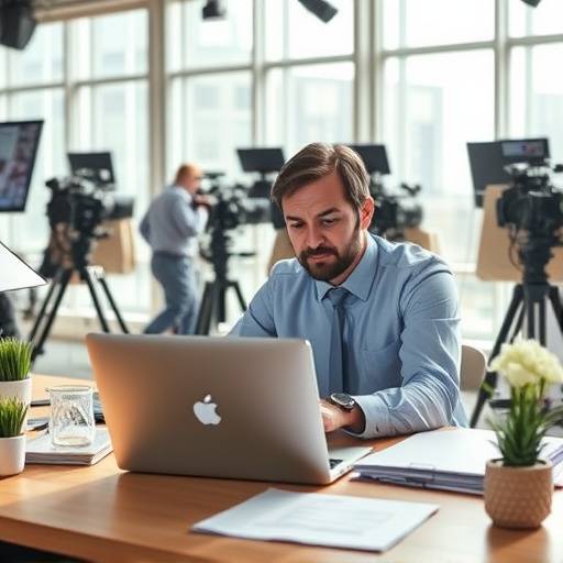 Un journaliste travaillant sur un ordinateur portable dans une salle de rédaction moderne et animée